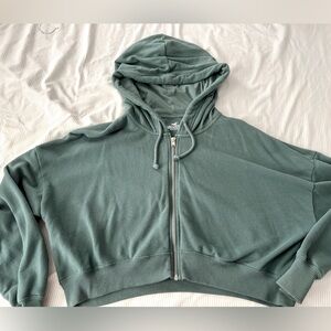 Cropped Hollister green zip up hoodie